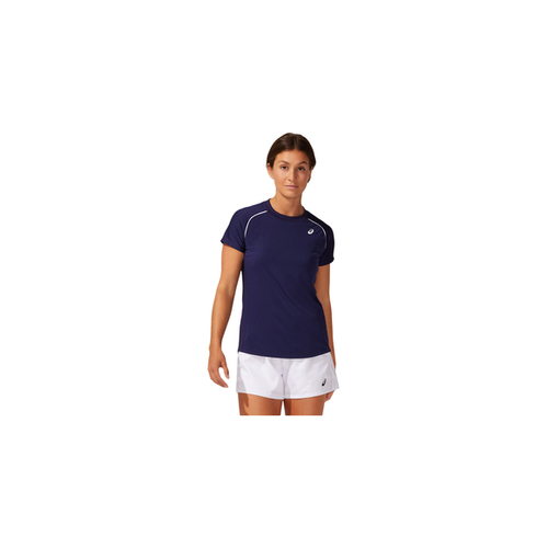 Asics Womens Court Piping Short Sleeve Shirt - Peacoat Blue  [Size : Large]